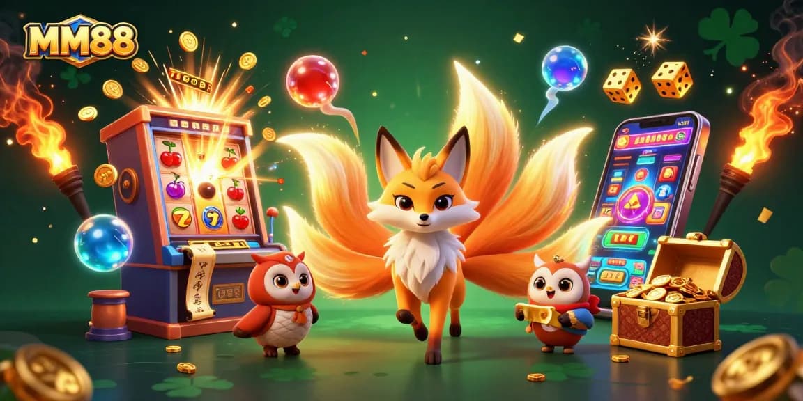 Experience MM88's vibrant gambling world with a colorful nine-tailed fox and jackpot excitement.