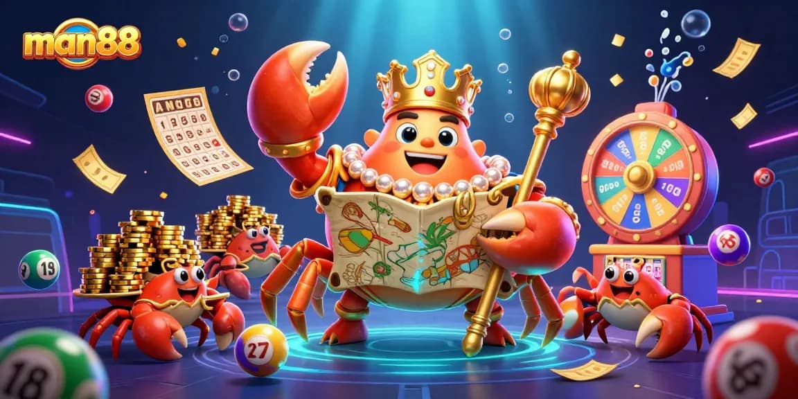 Experience exciting gameplay with man88's golden crab emperor amidst vibrant lottery and casino elements.