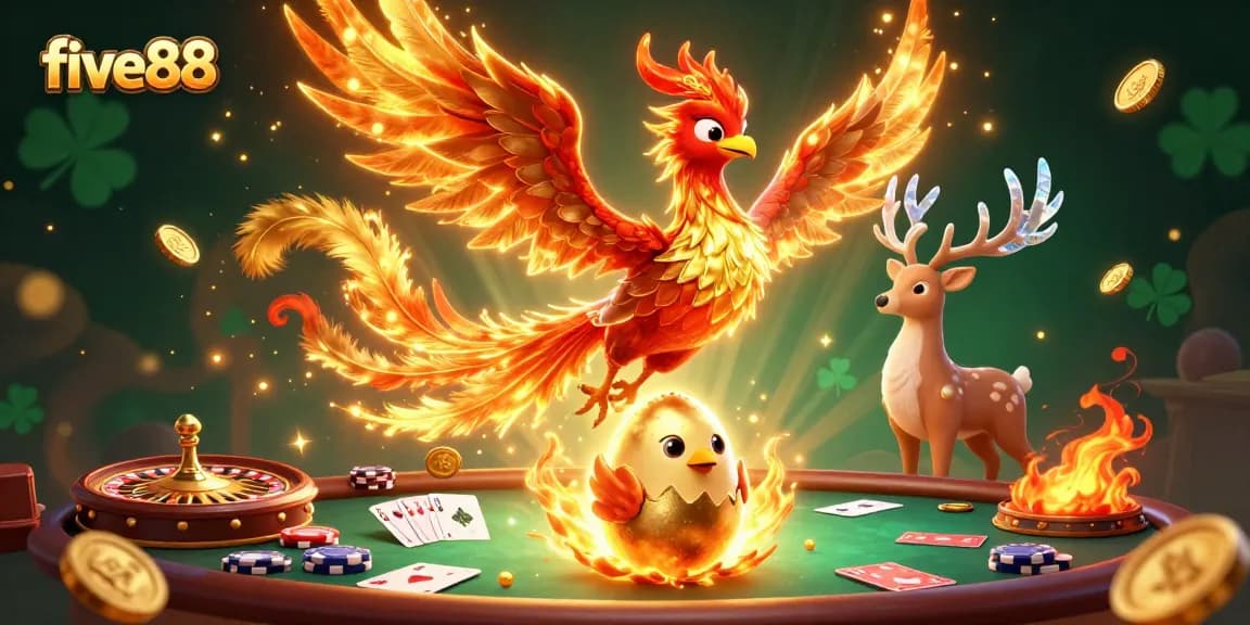 Experience thrilling poker action at five88 with a vibrant scene of a phoenix and casino elements.