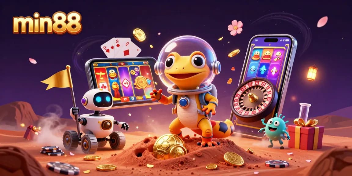 min88 showcases a Martian gecko uncovering a luxurious alien casino, surrounded by engaging gambling elements.