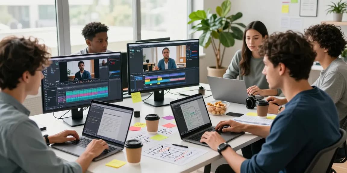 Team collaboration using a video to prompt converter tool in a modern workspace.