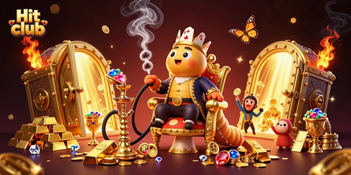 Engage with the Hit club in this vibrant 3D casino scene, showcasing poker symbols and opulent treasures.