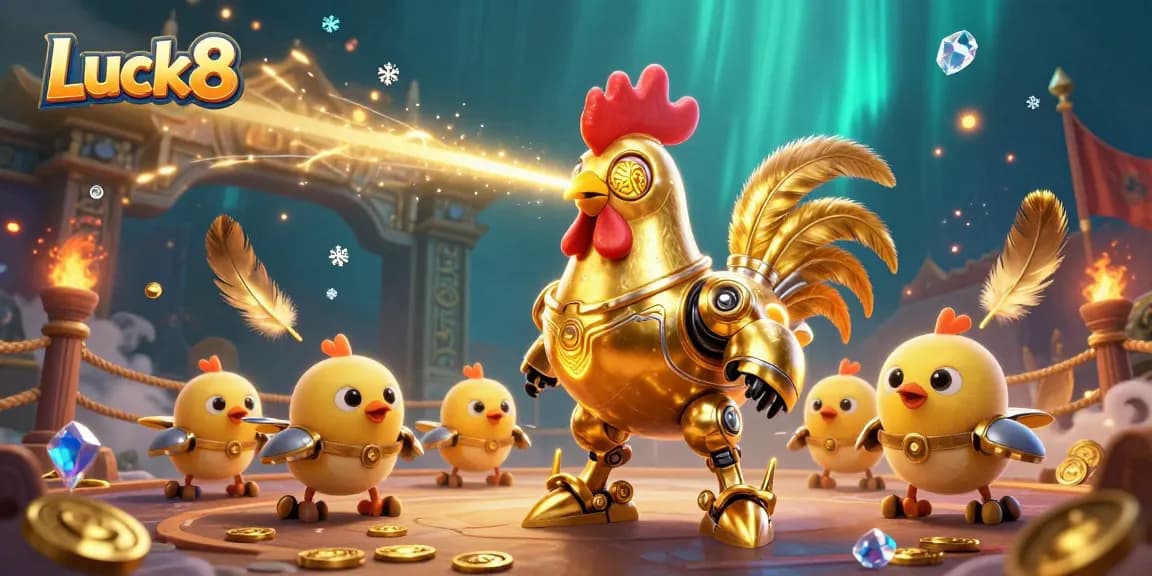 Engage with thrilling gameplay at Luck8 casino, featuring a dynamic golden rooster robot and baby chicks.