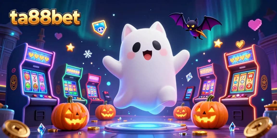 Experience thrilling fun at ta88bet with a ghost cat, bat companion, and glowing slot machines!