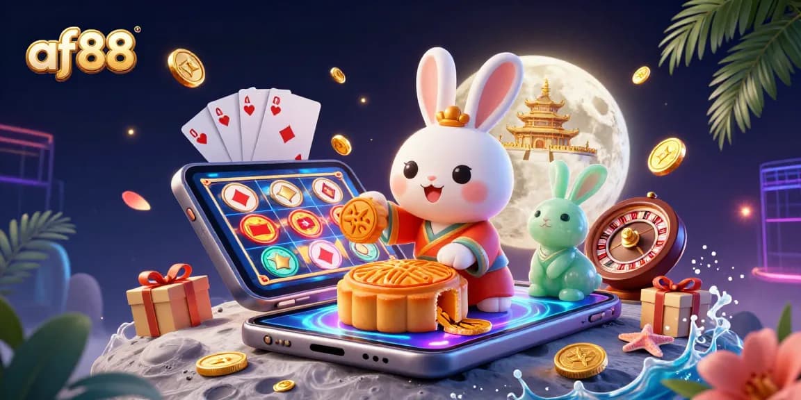 Win big at af88 with moon rabbit and poker chips in a captivating casino-themed illustration.