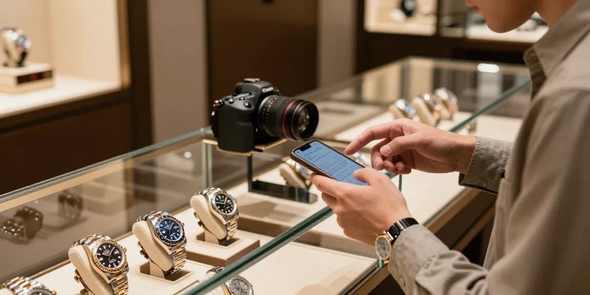 Showroom displaying Rolex super clone watches with a customer exploring premium timepieces in a luxurious setting.