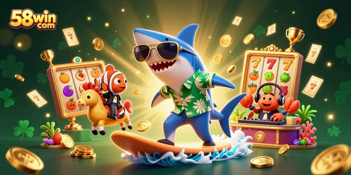 Join the fun with 58win com, featuring a shark surfing on gold coins amidst vibrant casino elements.