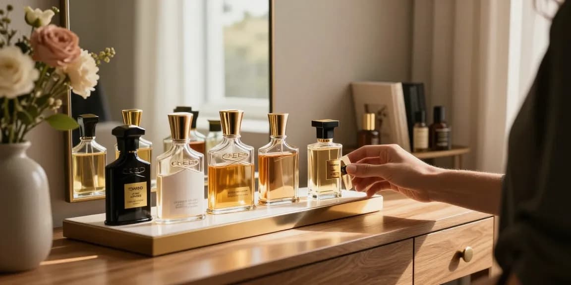 Elegant perfume collection display featuring designer bottles in a warm home setting.