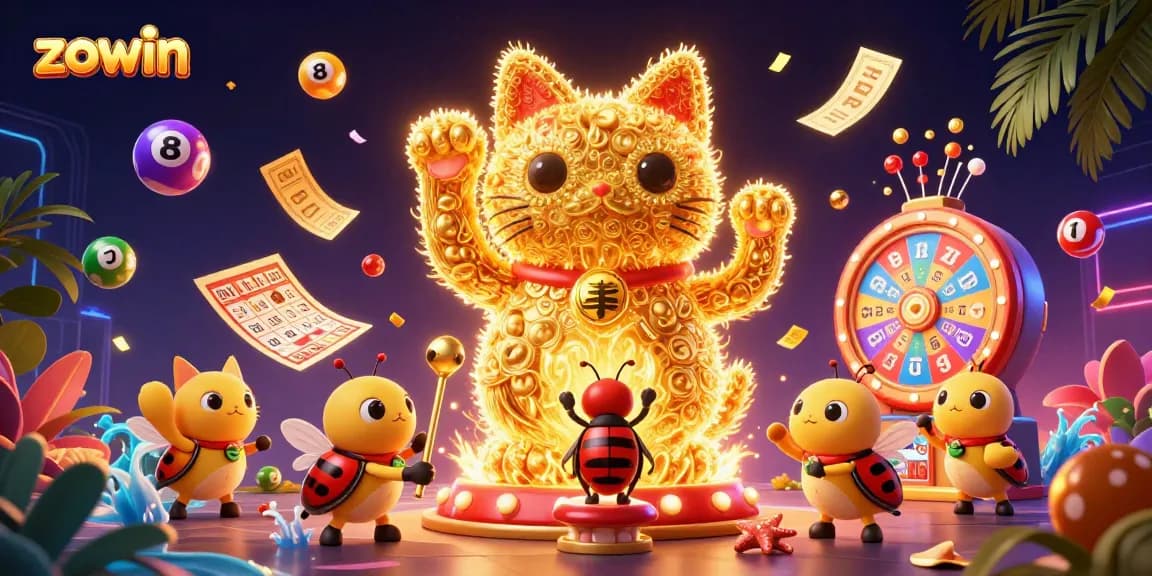 Zowin gaming experience enhanced with a lucky cat and colorful casino elements creating excitement.