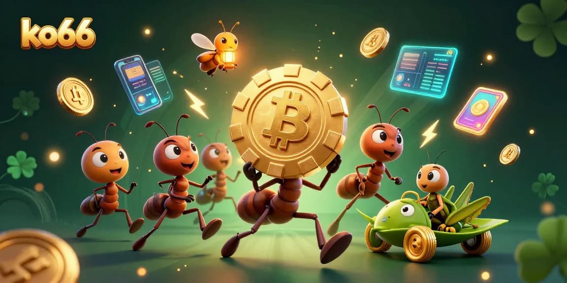 Join a thrilling ko66 heist with ants, poker chips, and gold coins in this vibrant illustration.