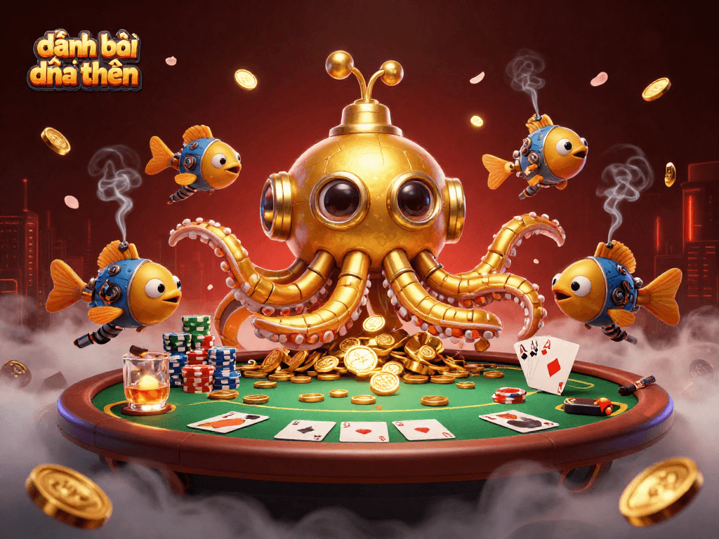 Engage in đánh bài đổi thưởng with a captivating 3D kraken submarine amidst poker elements and golden coins.
