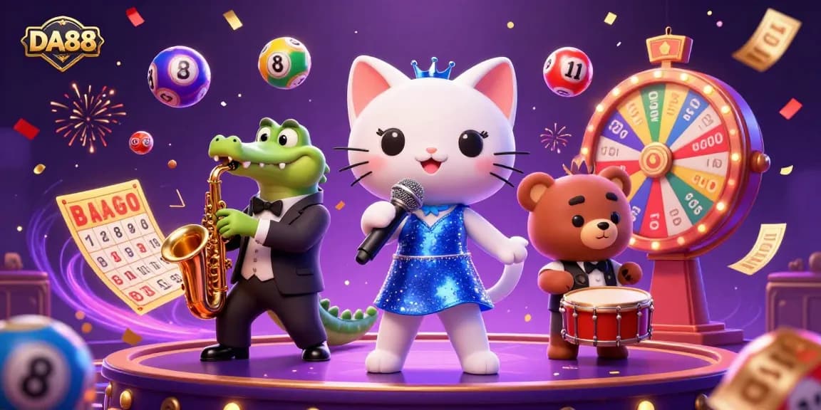 Play at DA88 with vibrant casino game characters celebrating amidst dynamic lottery balls and prizes.