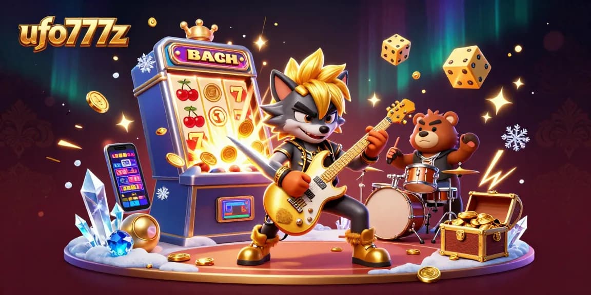 Watch the energetic performance of ufo777z's rock star wolf and drummer bear amid dazzling casino action.