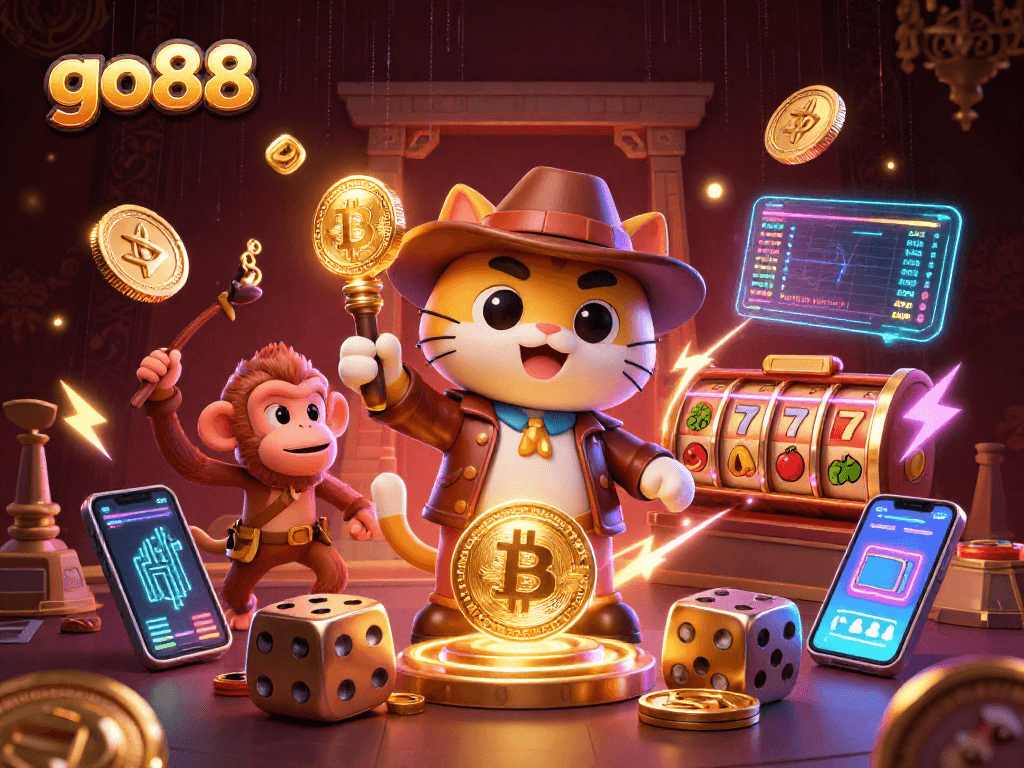 Engage with go88's vibrant 3D casino scene illustrating an explorer cat and monkey uncovering gems.