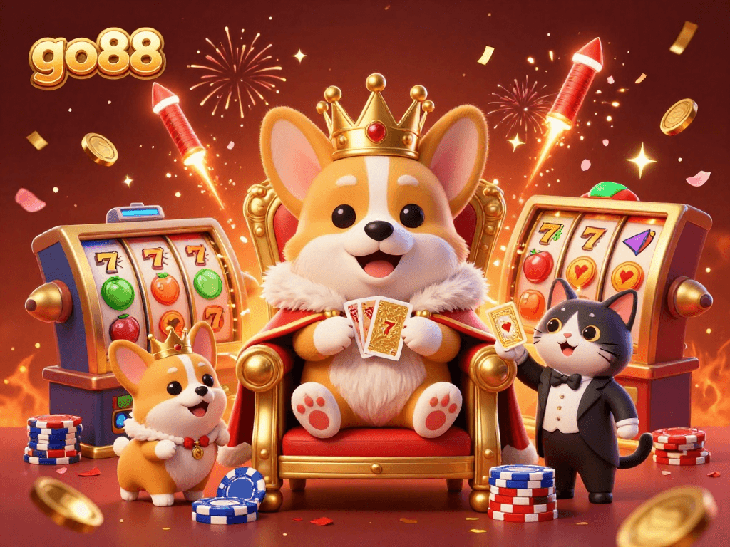 Engage with go88's thrilling slot adventures featuring the royal corgi on a joyous poker chip throne.