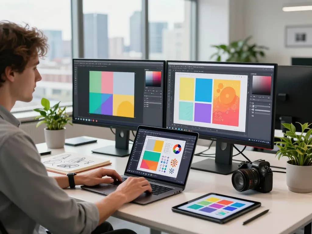 Designer using Nano Banana AI editor in a vibrant creative workspace.