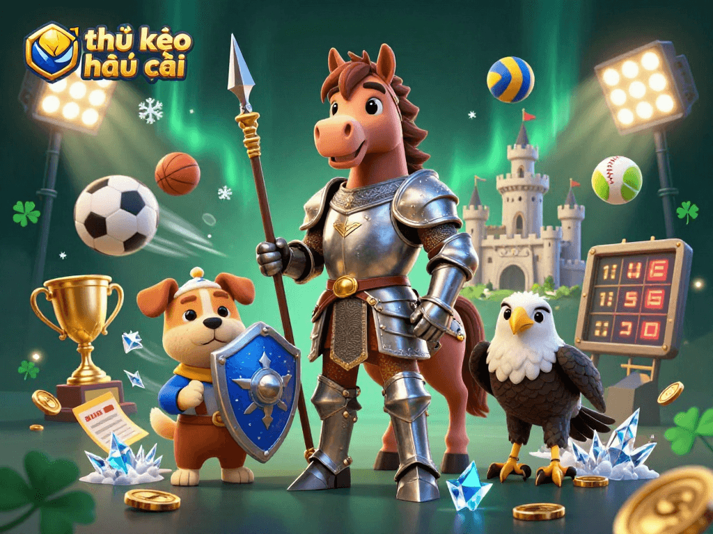 Experience advanced tỷ lệ kèo nhà cái strategies with a knight and a puppy in a vibrant 3D gambling scene.