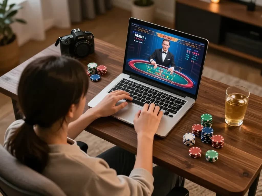 Engaging in tài xỉu online uy tín at home with laptop, chips, and drinks in warm ambiance.