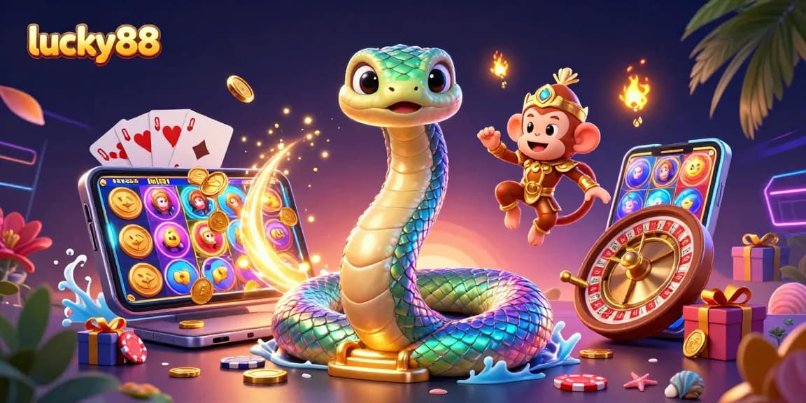 Experience excitement at lucky88 with a vibrant 3D illustration of a rainbow serpent and golden monkey king amidst thrilling casino elements.