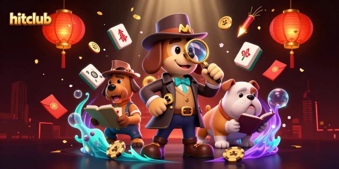 Hitclub showcases a cartoon detective investigating a poker chip surrounded by colorful casino elements.