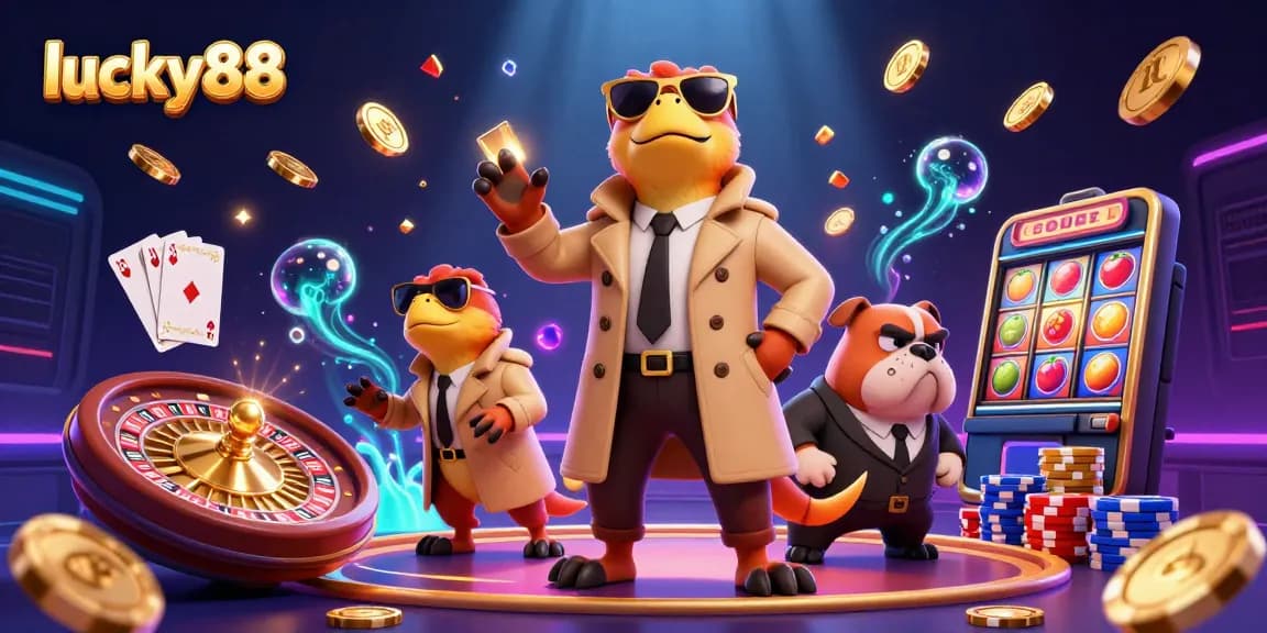 Join the fun at lucky88 with a thrilling scene of animated raptors sneaking into a casino with gold coins and slot machines.