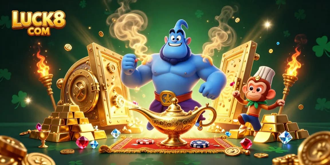 Experience LUCK8 COM with an enchanting 3D illustration of a genie, treasures, and casino elements.
