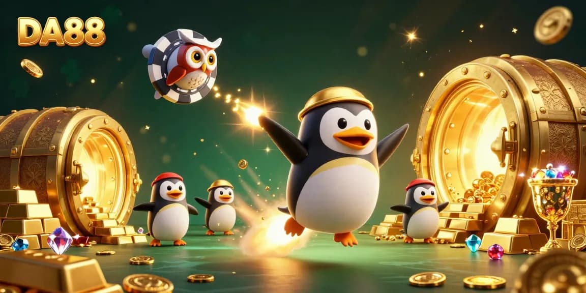 Win big with DA88 while a golden penguin blasts through riches in a vibrant casino setting!