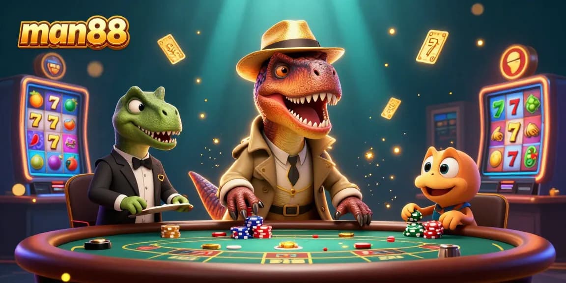 Experience thrilling slots at man88 featuring a velociraptor card counter and glimmering jackpots.