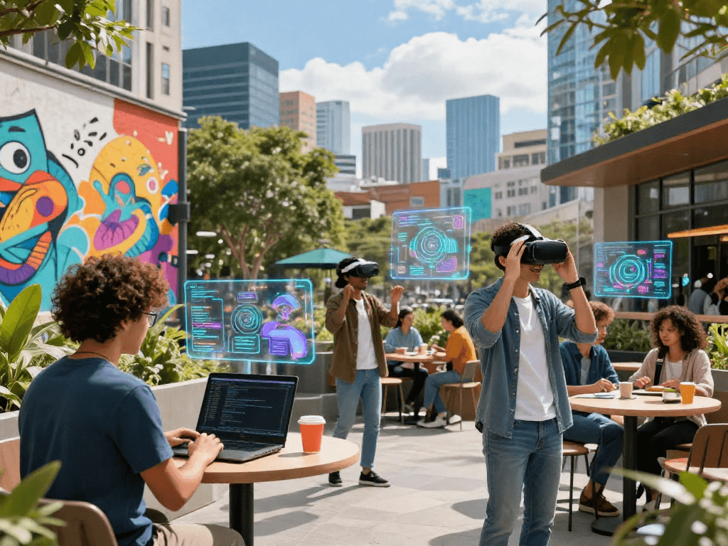 Young adults engaging with 18+ ai technology in an urban setting, showcasing innovation and creativity.