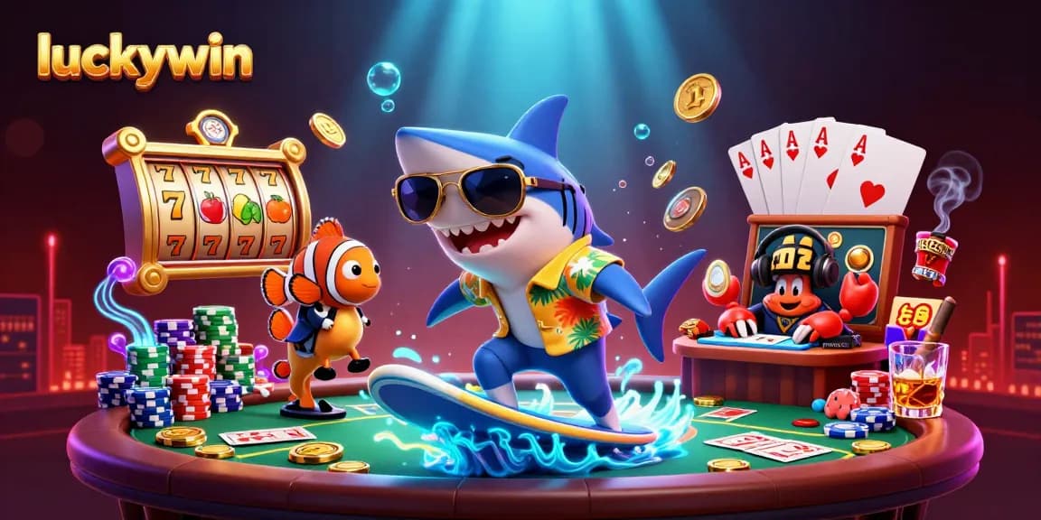 Experience the thrill of luckywin as a shark surfs on coins, surrounded by vibrant casino elements.