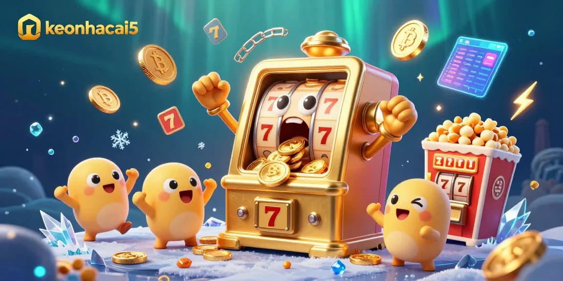 Engage in keonhacai5's thrilling slots with a jackpot-winning golden machine amidst a vibrant casino scene.
