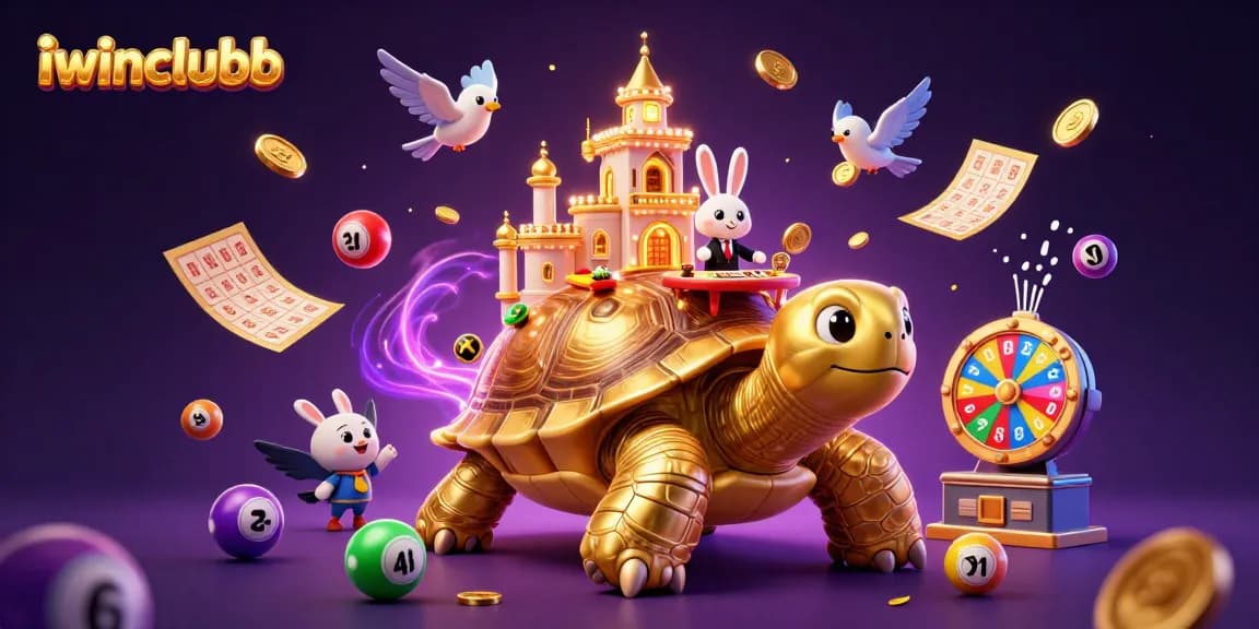 Engage with iwinclubb through a vibrant scene of a golden tortoise casino with lively lottery elements.
