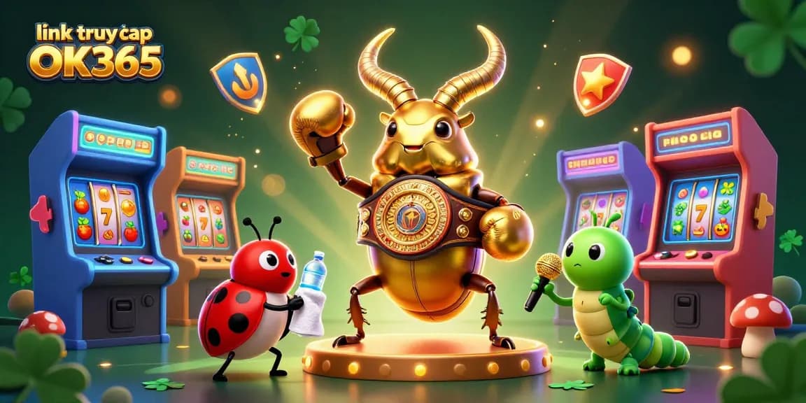 Engage with link truy cập OK365 in this vibrant 3D casino-themed illustration featuring dynamic characters and game elements.