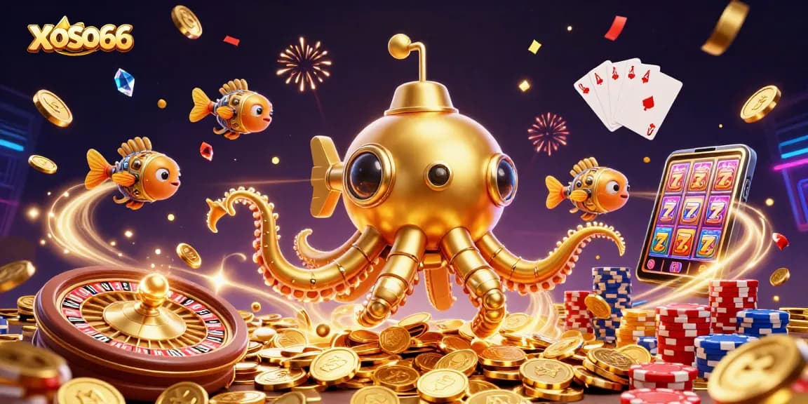 Experience the thrill of xoso66 as the golden kraken submarines rise amid coins and gambling excitement.