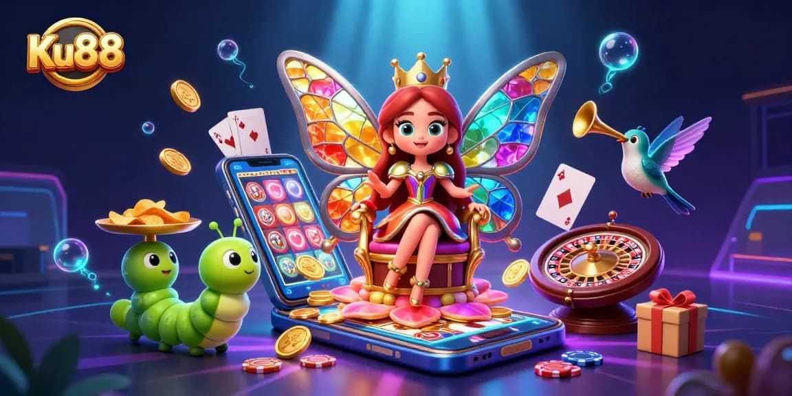 Experience the excitement of Ku88 with a vibrant 3D casino scene featuring games and treasures.