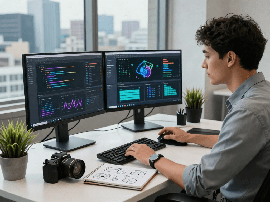 Engaging with 18+ AI technology in a modern workspace, showcasing innovative software and a vibrant environment.