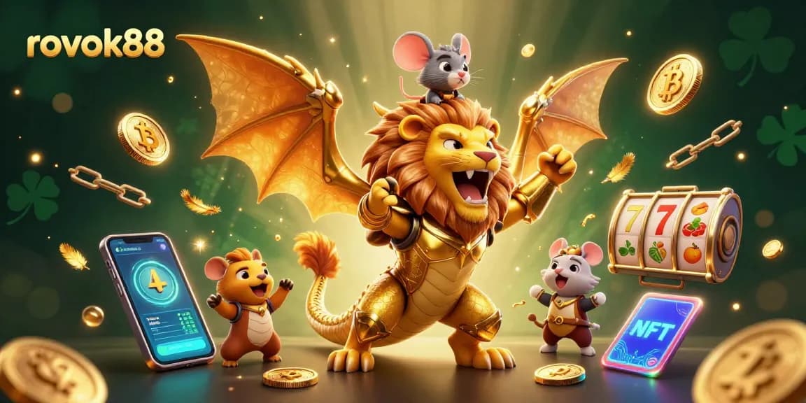 Experience thrilling slots excitement with rokok88's dazzling 3D chimera artwork surrounded by crypto elements.