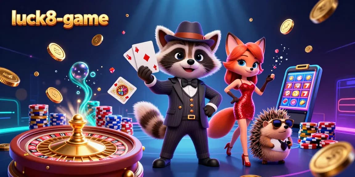 Engage in excitement with luck8-game, showcasing a vibrant casino scene filled with royal flushes and sparkling gems.