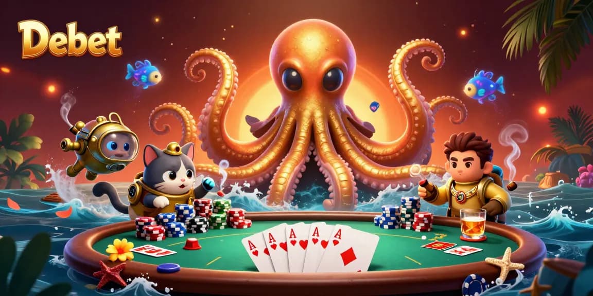 Debet players engage in thrilling poker matches while a kraken watches over them