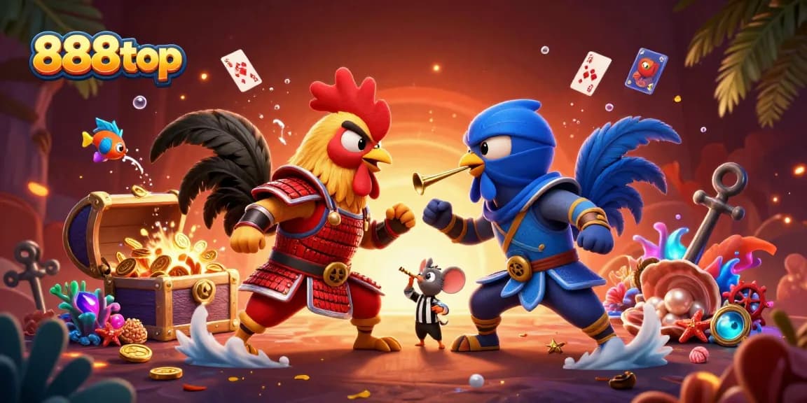 Experience the excitement of 888top with intense rooster standoff in a vibrant casino scene.