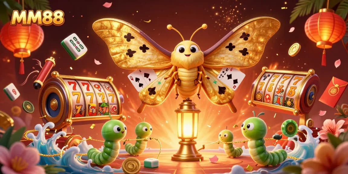 Experience the thrill of MM88 with an enchanting display of gaming elements and vibrant illustrations.
