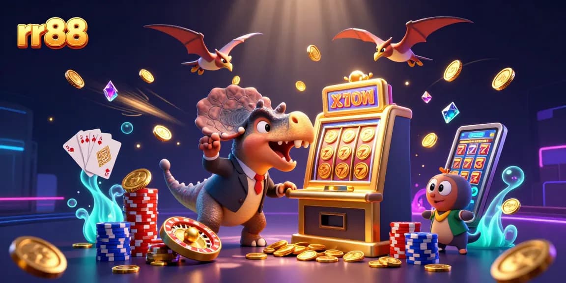 rr88 casino illustration showcasing a dinosaur jackpot with golden coins flying during a thrilling gaming experience