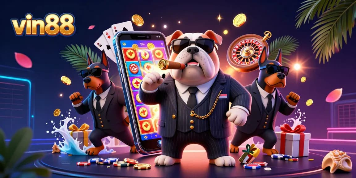 Win big at vin88 with an exciting casino scene featuring a mafia bulldog and Doberman bodyguards.