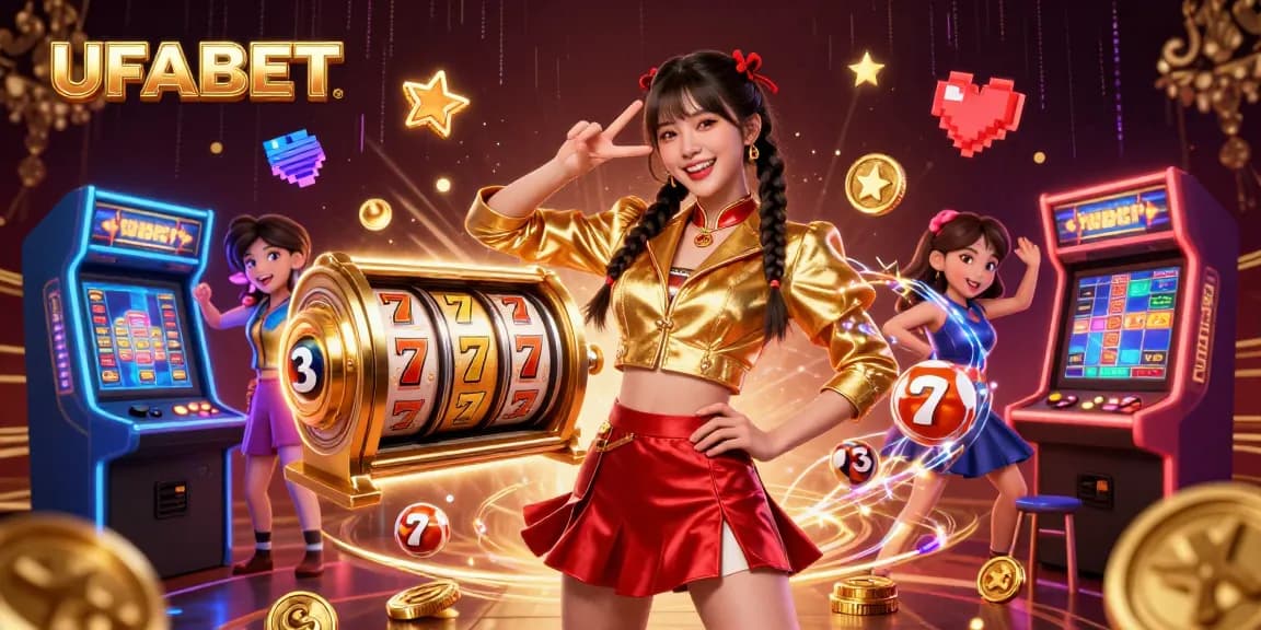 Experience thrilling gameplay at UFABET with a vibrant illustration of a joyful Asian woman surrounded by slot reels and lottery balls.