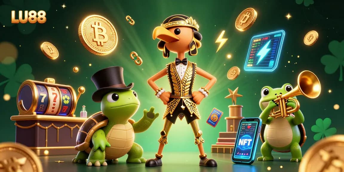 LU88 engages with vibrant slot reels and glowing crypto elements at a lively speakeasy.