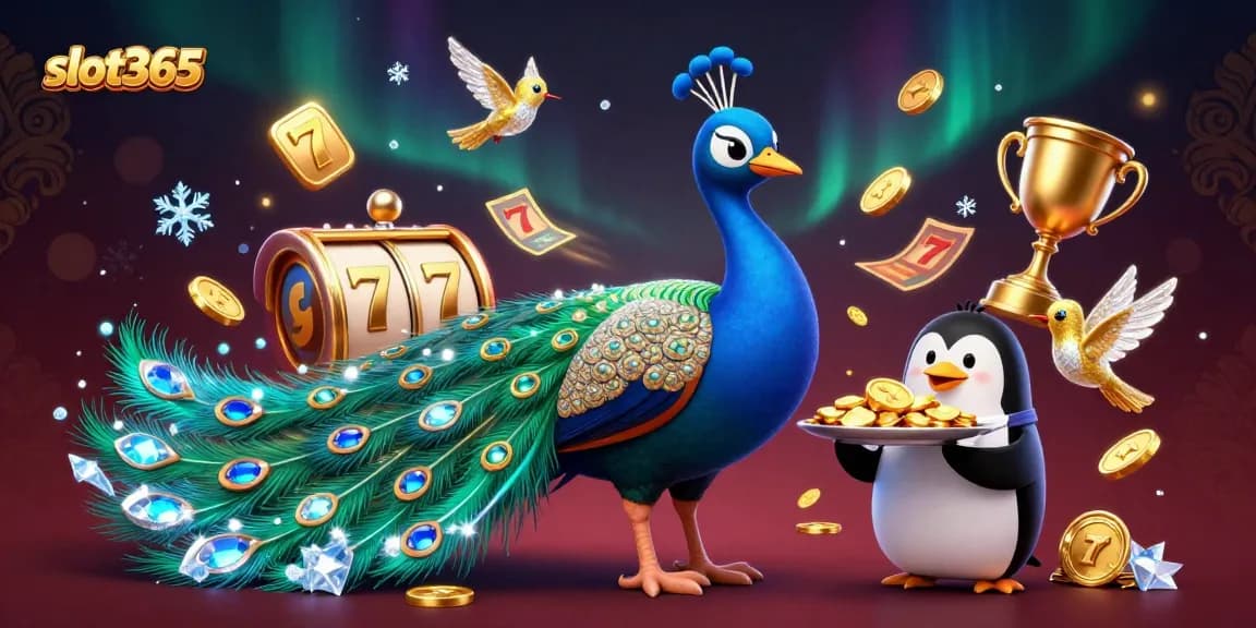 Experience thrill and luxury at slot365 with a vibrant 3D casino scene featuring a lavish peacock and golden chips.