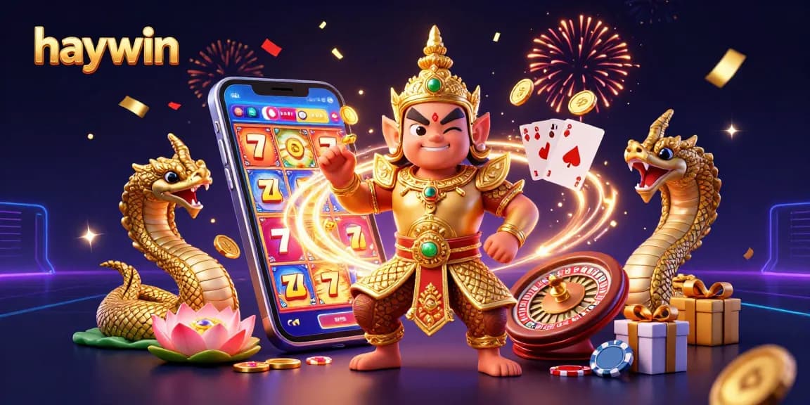 Experience excitement at haywin with a vibrant 3D scene of a Thai guardian amidst gaming chaos and luck!