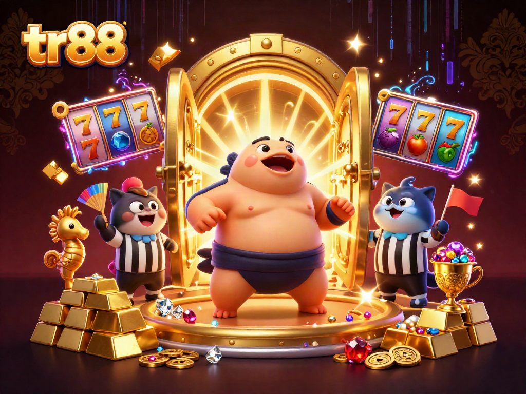 tr88 cartoon fugu character entertains in a vibrant, treasure-filled casino scene.