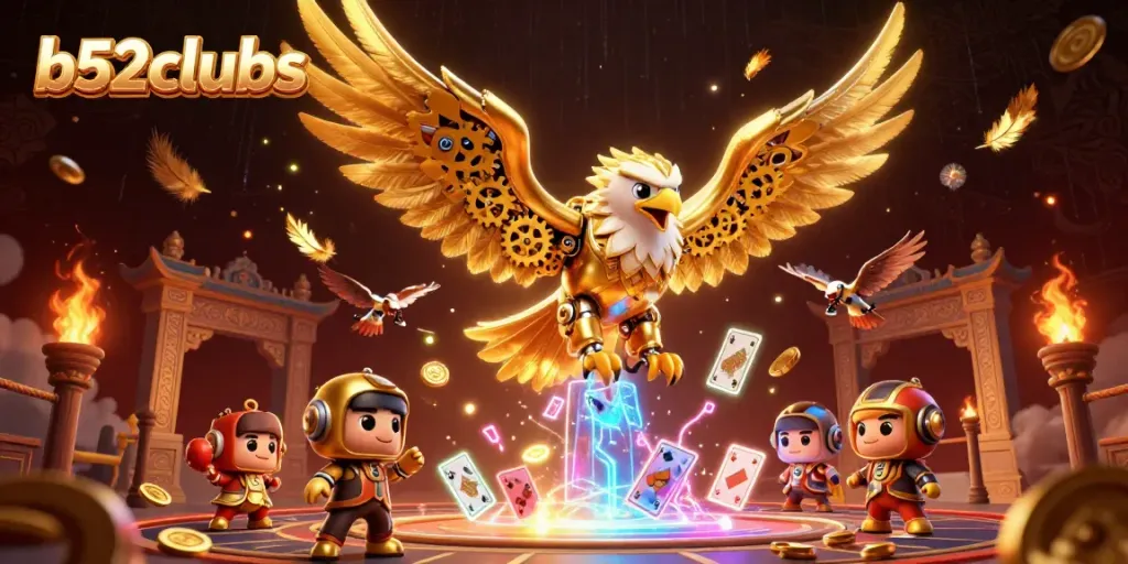 Engage with thrilling b52clubs gameplay, featuring a golden eagle flying through vibrant casino elements.