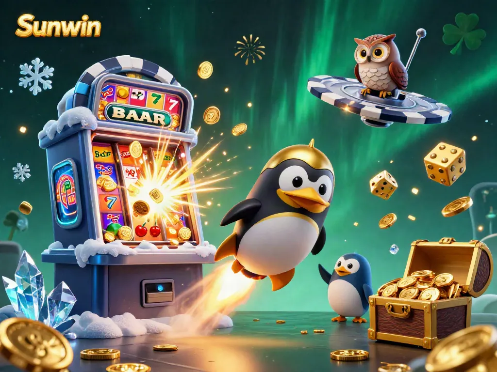 Sunwin showcases a vibrant, dynamic gaming adventure with a golden penguin and rich casino elements.